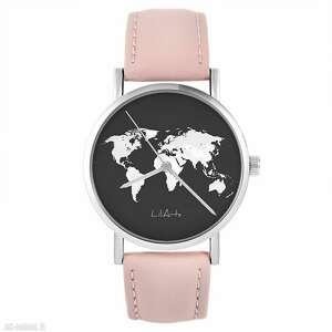 ręczne wykonanie zegarki zegarek - mapa świata - pudrowy róż