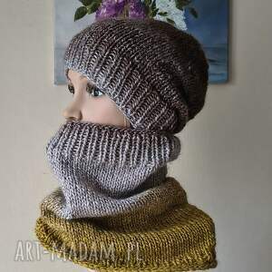 RĘCZNIE NA DRUTACH - Tricolor ombre 2 - miły, ciepły komplet z alpaką