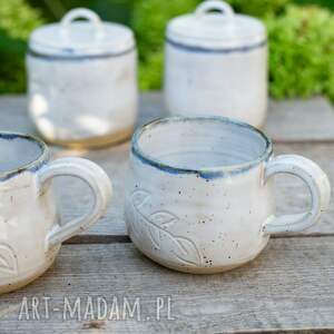 handmade ceramika handmade ceramiczny z liściem | białe nakrapiane blue | pojemniki
