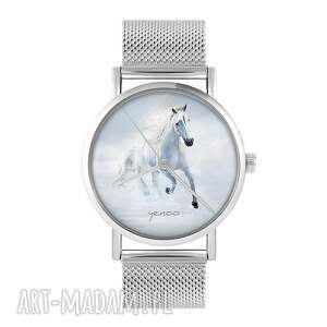 zegarek - biały koń biegnący bransoleta mesh, metalowa dla nastolatki prezent