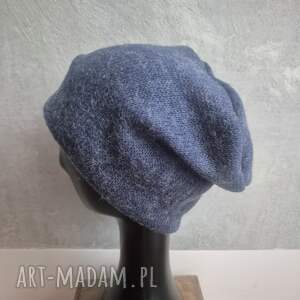 Ciepła czapka niebieska wełniana unisex na podszewce rękodzieło