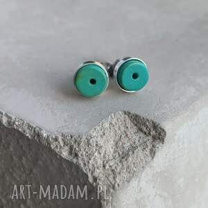 kolczyki z zielonym turkusem srebrne sztyfty, nowoczesna biżuteria, biżuteria