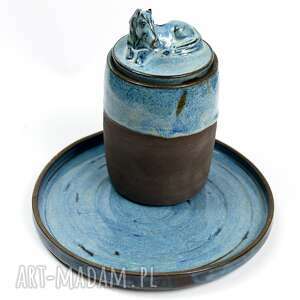 handmade ceramika zestaw pojemnik z figurką konia talerz | niebiesko czekoladowe | 800