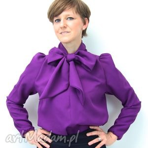 fioletowa koszula z pufowymi rekawami damska, biuro, kokarda, oversize bluzka