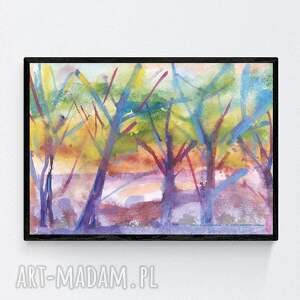 drzewa obrazek A4, wiosna grafika do domu, pejzaż plakat 21x30, kolorowy plakat
