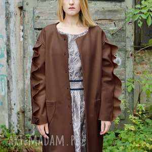 brązowy wełniany płaszcz z falbanami, ciepły, prosty, zimowy