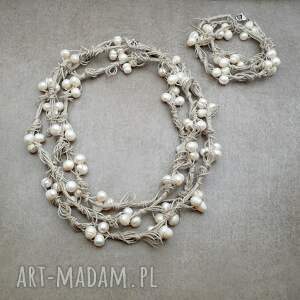 perły i len komplet biżuterii prezent, lniana biżuteria, ekskluzywny