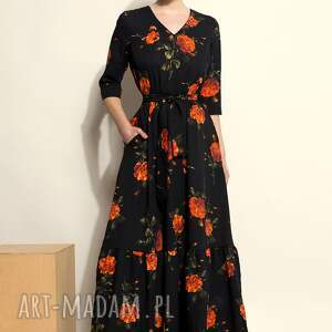 sukienki czarna sukienka maxi w róże, maxi, wiskoza, kobieta, kwiaty