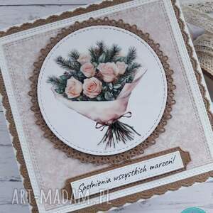 Kartka urodzinowa (lub na inną okazję) z zimowymi różami i gałązkami