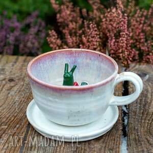 handmade ceramika filiżanka do herbaty z figurką ślimaka | do kawy | różana perła| | 300