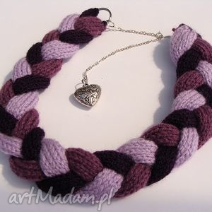 fioletowy naszyjnik z wełny w kształcie warkocza, włóczka modny prezent