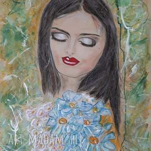 dziewczyna z niebieskimi rumiankami, ekspresjonizm, kwiaty abstrakcja, portret