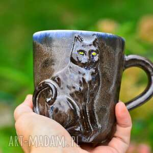 handmade kubek ceramiczny z kotem duży brązowy 350ml, ceramika na prezent
