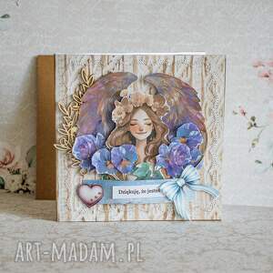 Kartka z aniołem "Dziękuję, że jesteś" - handmade scrapbooking rustykalna