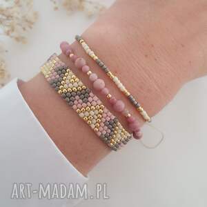 Komplet bransoletek z rodonitem biżuteria handmade, zestaw upominkowy rodonit, koraliki, szkło japońskie