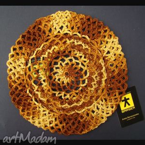 handmade czapki czapeczko - beretka ażurowa rudo - żółta