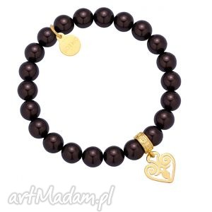 czekoladowa bransoletka perły swarovski elements ze złotym serduszkiem serce