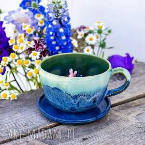 filiżanka do herbaty z figurką ślimaka kawy turkusowo niebieska ok 410