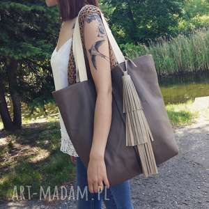 skórzana torba shopper z chwostem boho saszetka, must have, naturalna