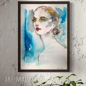 blue, akwarela na papierze, portret kobiety, muza, prezent dla niej, obraz