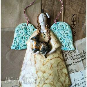 święta, aniołek z kotkiem, ceramika