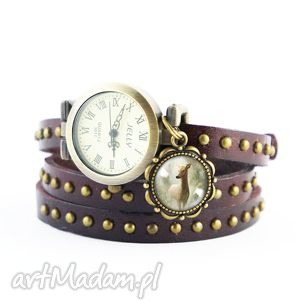 handmade zegarki bransoletka, zegarek - sarna brązowy, nity, skórzany