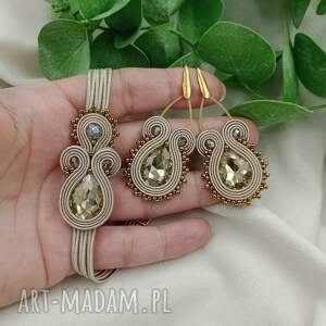 beżowy szampański komplet biżuterii, kryształowe kolczyki taupe i bransoletka