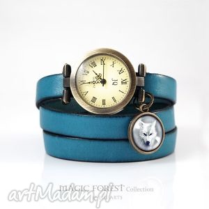 handmade bransoletka, zegarek - biały wilk niebieski, skórzany