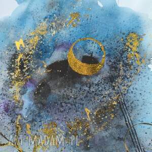 abstrakcja nocne niebo akwarela złoto księżyc runy ezoteryka 30x42, obraz