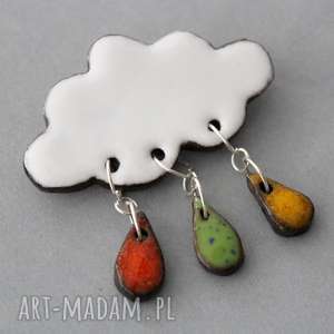 chmurka i krople deszczu - broszka ceramika, minimalizm, design prezent, praca