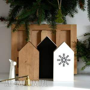 dekoracje 3 domki drewniane kamieniczki gwiazda, śnieżynka