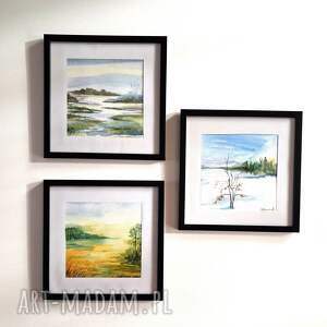 zestaw trzech akwareli oprawionych w ramy 3 x 22cm tryptyk, pejzaż