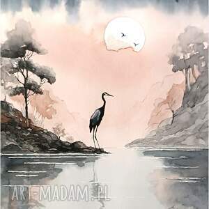 cisza i żuraw, akwarela 24x32 cm, pejzaż żurawie, zwierzęta, ptaki
