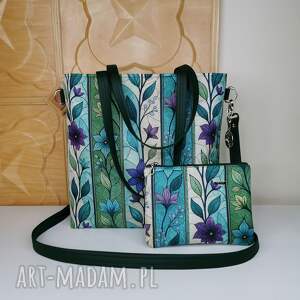 torebka damska shopperka z kosmetyczką miejska na ramę - kwiaty, torba