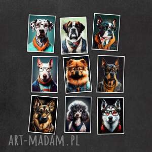 hipsterskie psy - zestaw 9 grafik w rozmiarze 13x18 cm, pocztówki, pies