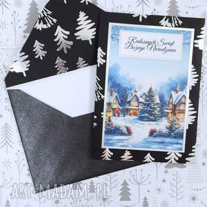 kartka świąteczna z kieszonką, czarno-srebrna zimową scenką, baza w choinki 1