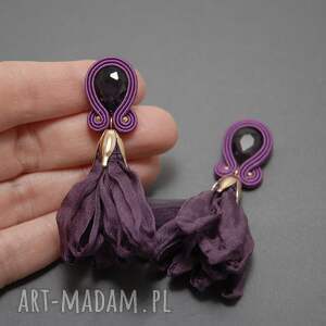fioletowe kolczyki sutasz z kwiatkami, sznurek, eleganckie, delikatne