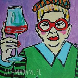 obraz babcia z kotkiem i lampką wina do salonu, obrazy na zamówienie