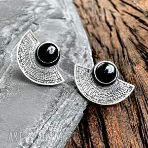 orientalne kolczyki wkrętki z onyksem, srebrne sztyfty