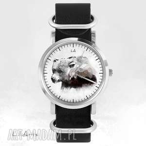 zegarek - niedźwiedź czarny, skórzany, nato, bransoletka, prezent