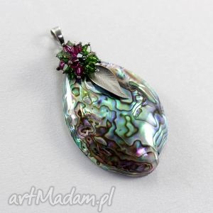 paua abalone swarovski i srebro - wisior, muszla, liść