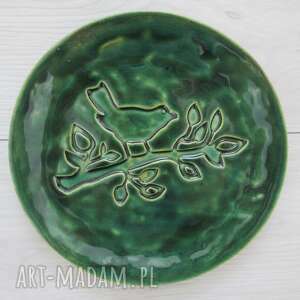 ręcznie wykonane ceramika zielony talerzyk z ptaszkiem