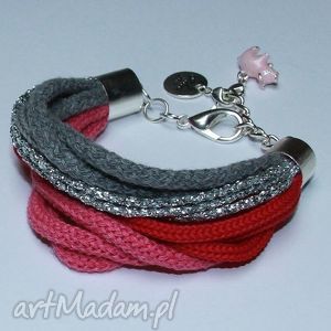 handmade szaro - różowo - srebrna bransoletka ze sznurków bawełnianych