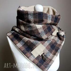 szal, komin, chusta - krata beżowy, brązowy i czarny, szal w kratę kraciasty