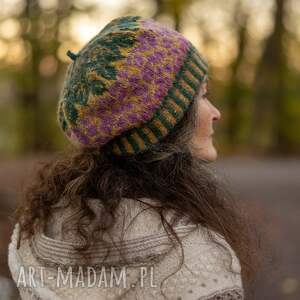 czapka beret wełniana hortensja, rustykalna, botaniczna, dzianinowa