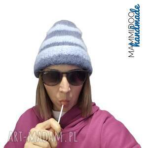 zimowa w paski z alpaki robiona na drutach, czapka, merynos