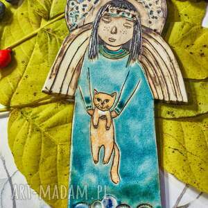 Aniołek z rudym kotkiem, anioł - ceramiczny, kotek