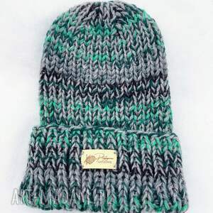 Wełniana czapka damska handmade - melanż szaro-zielony