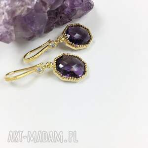 kolczyki kryształ amethyst, mosiądz pozłacany