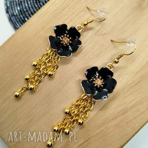 Kolczyki z czarnymi kwiatami i kulkami, kwiaty, kulki